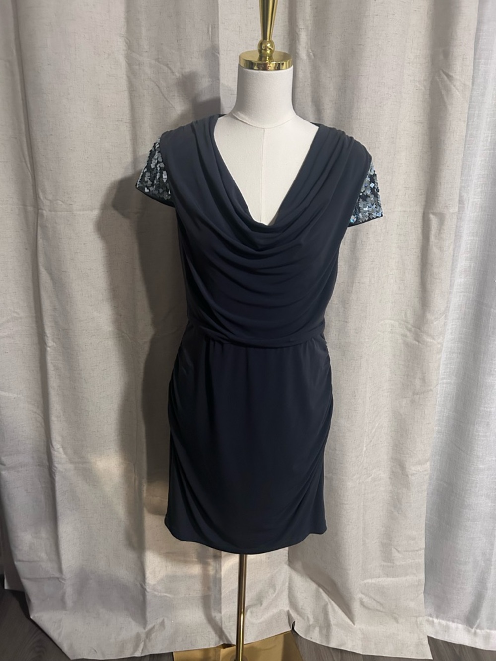 Calvin Klein Charcoal grey/blue Draped Cowl Neck Mini with Sequin Cap Sleeves